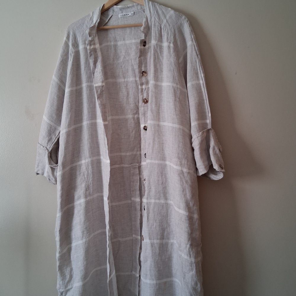 Luukaa Light Beige Striped Linen Shirt Jacket